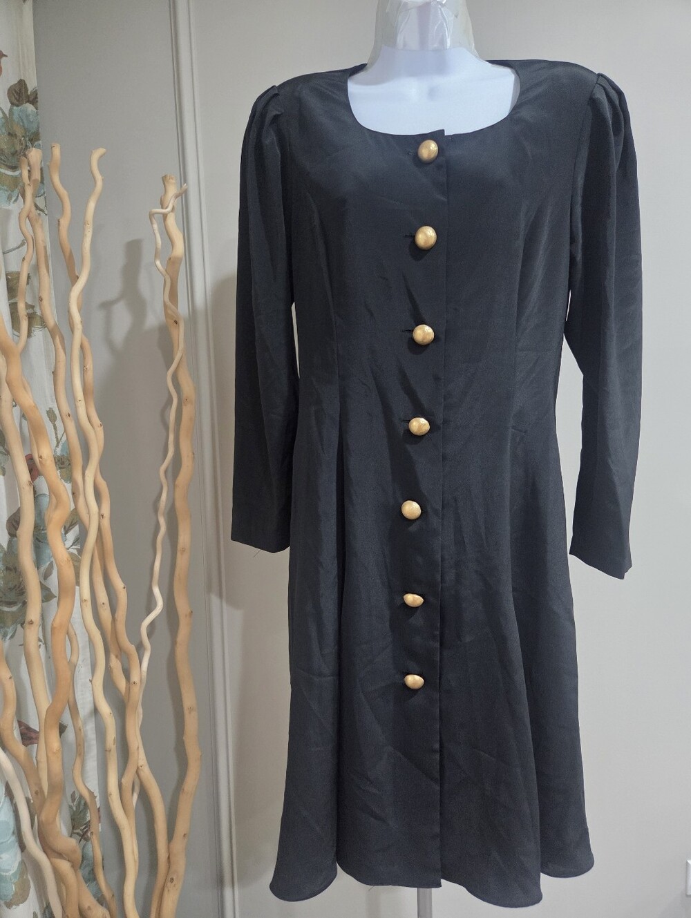 Pat Argenti Black Long-Sleeve Button-Front Dress Sz.8